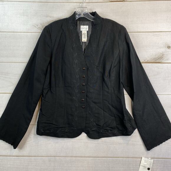 Emma James Blazer Womens 14 Black Embroidered Linen Button Up Lined V Neck NWT - Picture 1 of 13